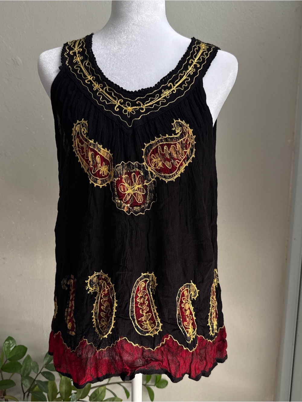 Advance Apparels Black Sleeveless Top with Red & Gold Embroidery